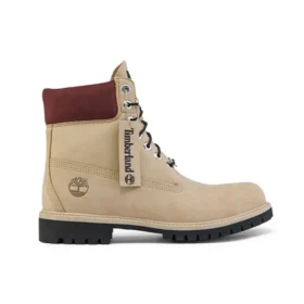 6-Inch Premium waterdichte laarzen “Beige nubuck met bordeauxrode kraag”