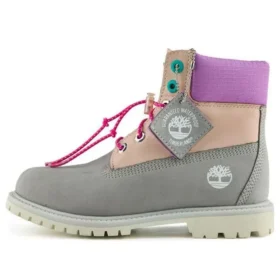 Valentijnsdag 6-Inch Premium waterdichte laarzen met brede pasvorm “Grijs en beige nubuck met paarse kraag”