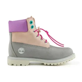 Valentijnsdag 6-Inch Premium waterdichte laarzen met brede pasvorm “Grijs en beige nubuck met paarse kraag”